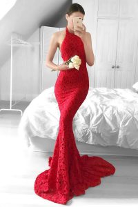 Fantastic Mermaid Halter Top Lace Womens Party Dresses Red Backless Sleeveless Sweep Train