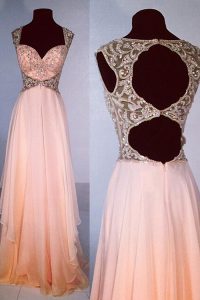 Fancy Peach A-line V-neck Sleeveless Chiffon Floor Length Zipper Beading Prom Dresses