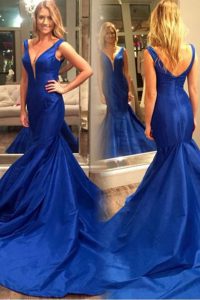 Shining Mermaid Pleated Royal Blue Sleeveless Satin Court Train Zipper Prom Party Dress for Prom