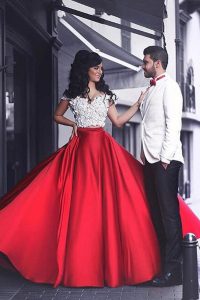Elastic Woven Satin Off The Shoulder Short Sleeves Zipper Appliques Prom Evening Gown in Red