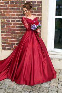 Classical Off the Shoulder Appliques Prom Dresses Burgundy Zipper Long Sleeves With Train Sweep Train