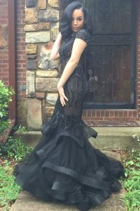 Eye-catching Mermaid Scoop Black Cap Sleeves With Train Beading and Ruffles Zipper Prom Gown