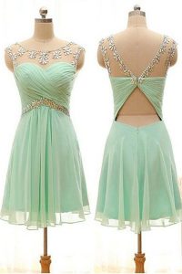 Modest Apple Green Sleeveless Beading Knee Length Prom Party Dress