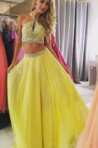 Eye-catching Halter Top Sleeveless Prom Gown Floor Length Beading Yellow Chiffon