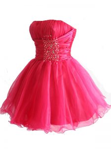 Traditional Hot Pink Ball Gowns Beading and Sequins Prom Party Dress Lace Up Organza Sleeveless Mini Length