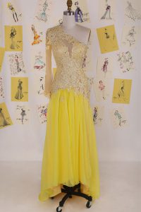 Luxurious One Shoulder Sleeveless Organza High Low Side Zipper Dress for Prom in Yellow with Appliques