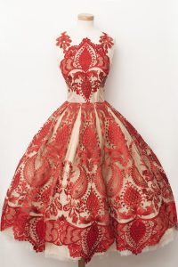 Red Sleeveless Lace Tea Length Prom Gown