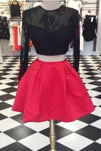 Scoop Long Sleeves Prom Evening Gown Knee Length Lace Red And Black Satin and Lace