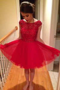 Red A-line Bateau Cap Sleeves Tulle Knee Length Zipper Beading Prom Evening Gown