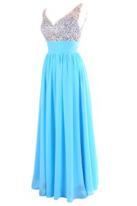 Sleeveless Floor Length Beading Zipper Prom Evening Gown with Aqua Blue