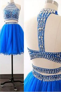 Tulle High-neck Sleeveless Zipper Sashes ribbons Evening Gowns in Royal Blue