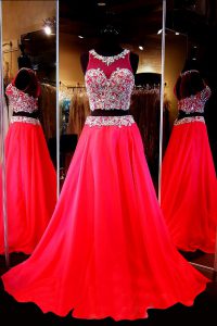 Unique Scoop Sleeveless Sweep Train Beading Backless Dress for Prom