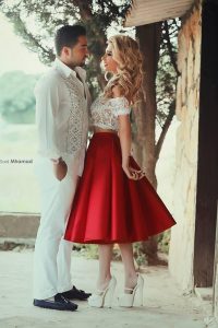 Off the Shoulder Red Short Sleeves Lace Tea Length Celeb Inspired Gowns