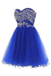 Royal Blue Tulle Zipper Evening Dress Sleeveless Mini Length Beading