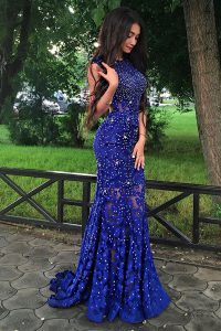 Pretty Mermaid Lace Scoop Sleeveless Sweep Train Backless Beading Prom Party Dress in Royal Blue