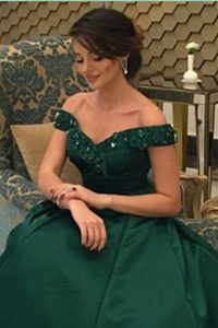 Sophisticated Off the Shoulder Short Sleeves Satin Floor Length Zipper Prom Evening Gown in Dark Green with Beading