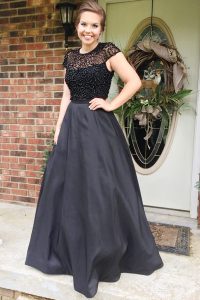 Exceptional A-line Mother Of The Bride Dress Black Scoop Satin Cap Sleeves Floor Length Backless