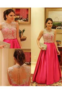 Scoop Red A-line Lace Dress for Prom Zipper Satin Sleeveless Floor Length