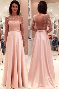 Attractive Pink Backless Mother Of The Bride Dress Beading Long Sleeves With Train Sweep Train
