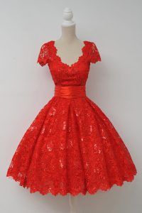 Scalloped Knee Length Red Prom Dress Lace Cap Sleeves Sashes ribbons