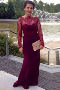 Fuchsia Elastic Woven Satin Clasp Handle Scalloped Long Sleeves With Train Prom Dress Brush Train Lace