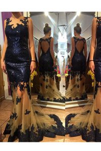 Scalloped Sleeveless Prom Party Dress With Brush Train Sequins Navy Blue Organza and Sequined