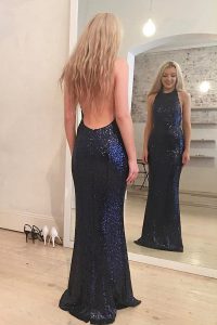 Mermaid Scoop Navy Blue Sleeveless Floor Length Sequins Backless Celeb Inspired Gowns