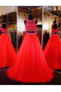 Scoop Floor Length Zipper Coral Red for Prom and Party with Beading