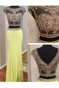 New Style Scoop Floor Length Column/Sheath Sleeveless Yellow Green Prom Evening Gown Zipper