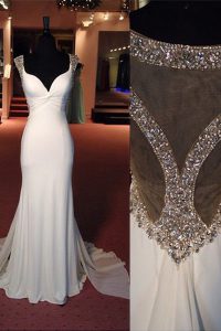 Dynamic Mermaid Scoop Beading Dress for Prom White Side Zipper Sleeveless Sweep Train