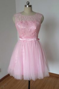 Fantastic Scoop Sleeveless Tulle and Lace Knee Length Backless Dress for Prom in Pink with Lace and Bowknot
