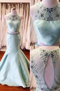 Extravagant Mermaid Scoop Satin Sleeveless Floor Length Prom Dress and Beading and Sashes ribbons