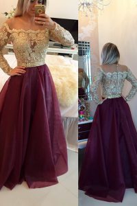 Burgundy Zipper Scoop Beading and Appliques Prom Gown Organza Long Sleeves