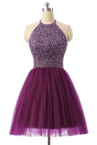 Glittering Halter Top Purple A-line Sequins Prom Party Dress Zipper Tulle Sleeveless Knee Length