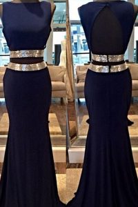 Mermaid Navy Blue Bateau Neckline Sequins Prom Dress Sleeveless Backless