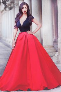 New Style Red And Black Short Sleeves Sweep Train Beading With Train Prom Dresses