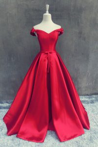 Elegant Off the Shoulder Red Zipper Prom Party Dress Sashes ribbons and Bowknot Short Sleeves With Train Sweep Train