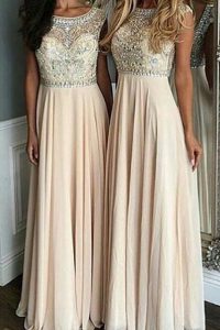Stylish Champagne Cap Sleeves Floor Length Beading Side Zipper Prom Party Dress