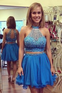 Halter Top Blue A-line Beading Dress for Prom Zipper Organza Sleeveless Knee Length