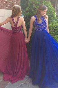 Suitable Royal Blue A-line Scoop Sleeveless Chiffon With Train Sweep Train Side Zipper Beading Prom Party Dress