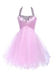 Halter Top Sleeveless Tulle Knee Length Lace Up Prom Gown in Lilac with Beading