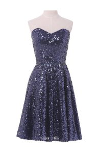 Decent Sleeveless Sequined Knee Length Lace Up Dress for Prom in Navy Blue with Sequins