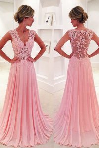 Spectacular Pink A-line V-neck Sleeveless Chiffon Sweep Train Side Zipper Lace Prom Gown