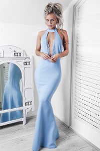 Elegant Light Blue Mermaid Satin Halter Top Sleeveless Lace Floor Length Backless Prom Dress