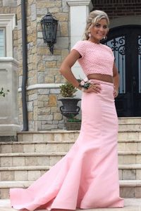 Mermaid Scoop Sleeveless Ruching Backless Prom Evening Gown with Rose Pink Sweep Train