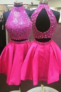 Cheap Hot Pink Halter Top Neckline Beading Prom Dresses Sleeveless Zipper