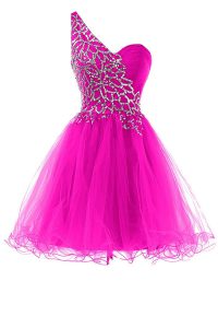 Dramatic One Shoulder Mini Length Zipper Fuchsia for Prom and Party with Beading