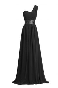 Black Prom and Party and Wedding Party and For with Ruching and Belt One Shoulder Sleeveless Zipper