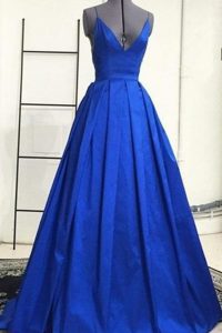 Royal Blue Prom Party Dress Prom and For with Ruching Spaghetti Straps Sleeveless Sweep Train Criss Cross