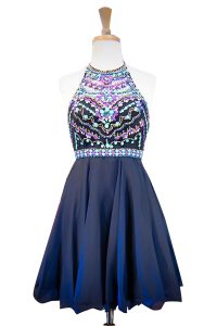 Exceptional Halter Top Mini Length A-line Sleeveless Navy Blue Oscars Dresses Side Zipper